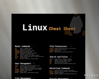Aide-mémoire Linux imprimable | Carte de référence des commandes Linux | Aide-mémoire de l'interface de ligne de commande Bash pour les développeurs | Thème sombre Téléchargement numérique PDF