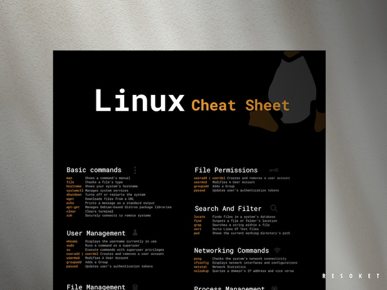 Linux Cheat Sheet Printable | Linux Commands Reference Card | Bash CLI Cheat Sheet for Developers | Dark Theme Digital Download PDF image 1