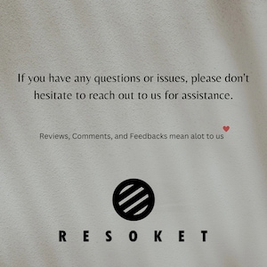 May include: A light beige background with the text: "If you have any questions or issues, please don't hesitate to reach out to us for assistance." Below, it reads: "Reviews, Comments, and Feedbacks mean a lot to us." The logo for RESOKET is also visible.