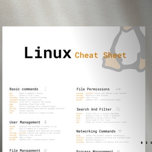 Puede incluir: Una hoja de trucos de Linux blanca con texto negro y un gráfico naranja. La hoja enumera comandos básicos, permisos de archivos, gestión de usuarios y comandos de red. El texto "RESOKET" está en la esquina inferior derecha.
