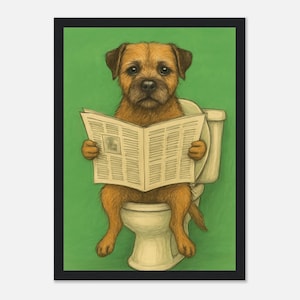 Border terrier on the toilet framed print | Cute | Bathroom | Wood frame |