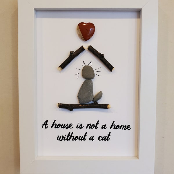 A House is not a home without a Cat/Dog rock pebble picture with red Jasper heart stone. cat lovers cat gift dog lovers dog gift