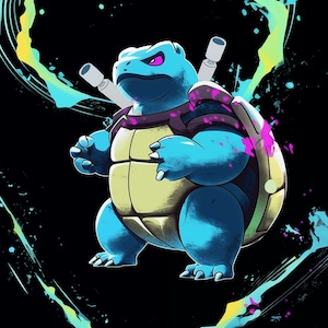 May include: A blue and green cartoon turtle with a purple shell and yellow eyes. The turtle is surrounded by a blue and yellow paint splatter effect.