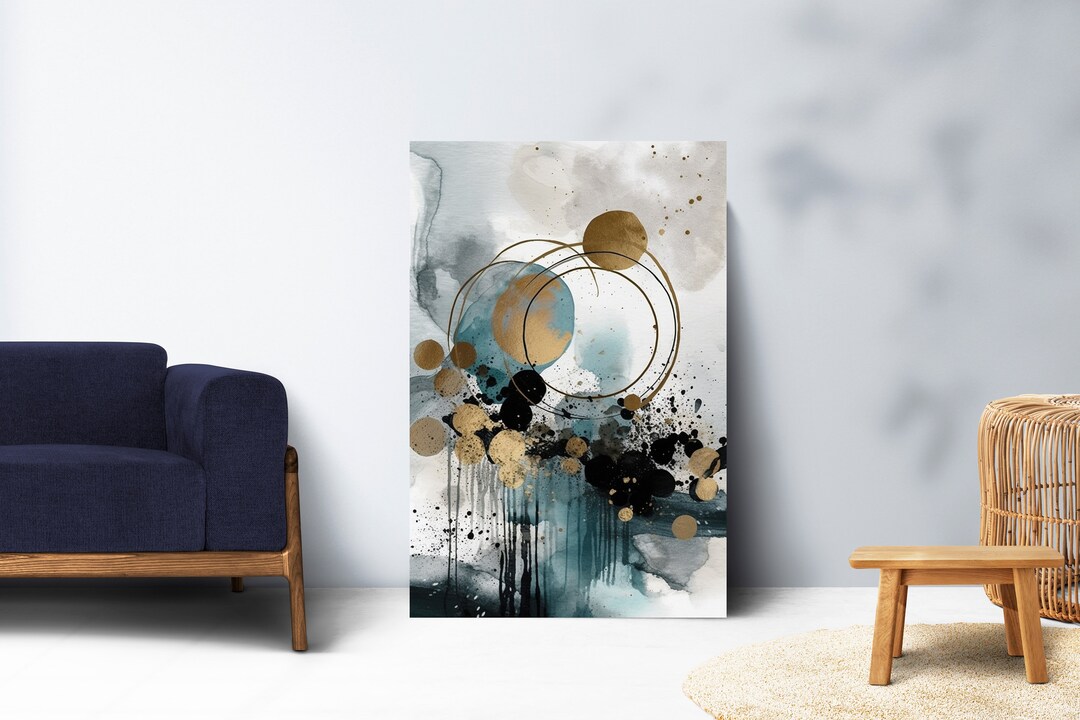 Geometric Abstract Wall Art, Teal, Gold, Grey, Brush Stroke Art