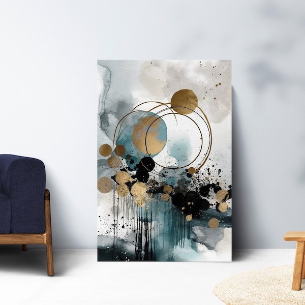 Geometric Abstract Wall Art, Teal, Gold, Grey, Brush Stroke Art, Contemporary, Bedroom Wall Art,Living Room,Office,Digital Download,