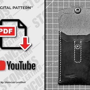 Puede incluir: Una cartera de cuero negro con detalles de costura blanca y un cierre a presión. La cartera tiene un bolsillo en la parte delantera y el texto "Stoncus Leather" está estampado en la parte delantera. La imagen también incluye un icono de descarga digital con el texto "PDF" y un logotipo de YouTube.