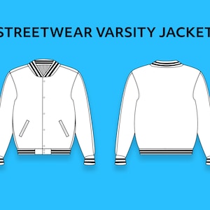May include: White varsity jacket with black and white striped trim around the collar, cuffs, and hem. The jacket has a button closure and two pockets.