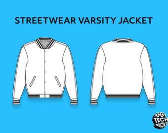 Varsity Jacket Tech Pack | Letterman Bomber Template | Fashion Flat Sketch Adobe Illustrator AI PDF