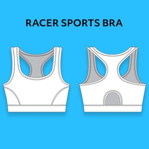 May include: White racerback sports bra with a grey lining. The bra has a scoop neck and a racerback design. The bra is shown from the front and back.