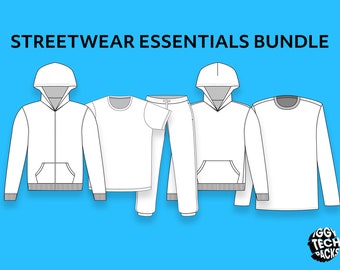 Streetwear Tech Pack-paket | Mallar för mode, platt skiss | Adobe Illustrator AI PDF-vektor