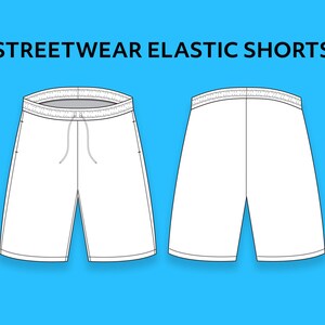 May include: A white pair of elastic waist shorts with a drawstring. The shorts are shown from the front and back.