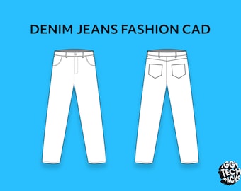 Może przedstawiać: Cyfrowa ilustracja białych dżinsów, widok z przodu i z tyłu, na jasnoniebieskim tle. Tekst "DENIM JEANS FASHION CAD" znajduje się u góry. Dżinsy mają kieszenie i pas.