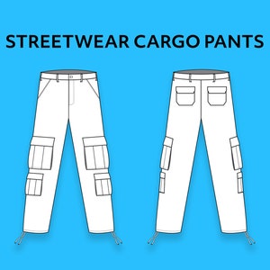 May include: A line drawing of white cargo pants with multiple pockets on the sides and back. The pants have a drawstring at the bottom of each leg. The image is on a blue background.