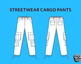 Pantalones cargo de calle, archivo vectorial descargable para Adobe Illustrator - Plantilla CAD de moda - Dibujo técnico plano AI/PDF