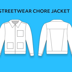 May include: A white streetwear chore jacket with a zipper closure and two large pockets on the front. The jacket has a classic design with a stand-up collar and long sleeves.