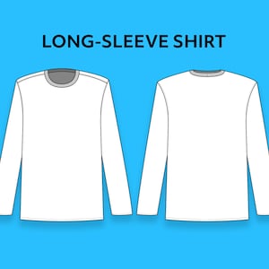 Könnte beinhalten: Ein weißes Langarmshirt mit Rundhalsausschnitt. Das Shirt wird von vorne und hinten gezeigt.