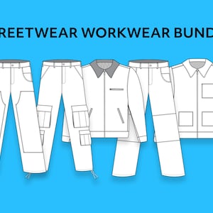 May include: A set of five white clothing items, including two pairs of pants, a jacket, and two shirts. The pants have pockets and the jackets have button closures. The text "STREETWEAR WORKWEAR BUNDLE" is at the top of the image.