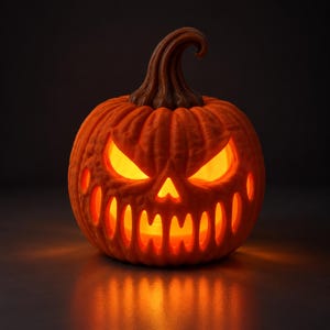 Può includere: Una zucca di Halloween arancione brillante con un picciolo marrone scuro, caratterizzata da occhi triangolari intagliati e una bocca larga e frastagliata con denti lunghi e affilati. L'interno è illuminato da una luce calda e radiosa.