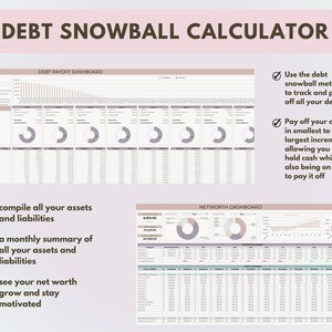 K&ouml;nnte beinhalten: Ein rosa-wei&szlig;es, druckbares Arbeitsblatt f&uuml;r einen Schulden-Schneeball-Rechner mit zwei Dashboards: Schuldenr&uuml;ckzahlung und Nettoverm&ouml;gen. Das Arbeitsblatt enth&auml;lt Diagramme, Grafiken und Tabellen, um die Schuldenr&uuml;ckzahlungen und das Nettoverm&ouml;gen zu verfolgen. Der Text "DEBT SNOWBALL CALCULATOR" befindet sich oben auf dem Arbeitsblatt.