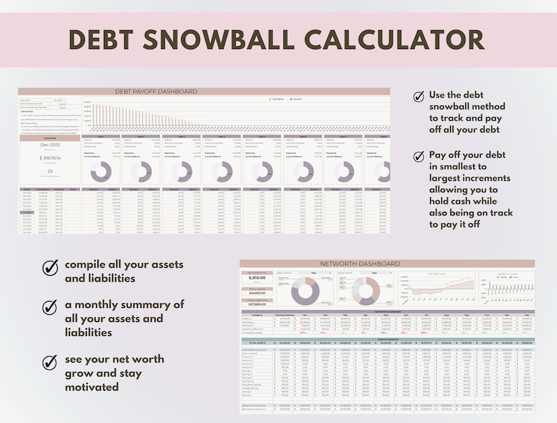K&ouml;nnte beinhalten: Ein rosa-wei&szlig;es, druckbares Arbeitsblatt f&uuml;r einen Schulden-Schneeball-Rechner mit zwei Dashboards: Schuldenr&uuml;ckzahlung und Nettoverm&ouml;gen. Das Arbeitsblatt enth&auml;lt Diagramme, Grafiken und Tabellen, um die Schuldenr&uuml;ckzahlungen und das Nettoverm&ouml;gen zu verfolgen. Der Text "DEBT SNOWBALL CALCULATOR" befindet sich oben auf dem Arbeitsblatt.