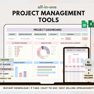 Könnte beinhalten: Ein Laptop-Bildschirm zeigt eine Projektmanagement-Tabellenvorlage mit 10 Registerkarten. Die Tabelle enthält ein Projekt-Dashboard, einen Aufgaben-Tracker, einen Projekt-Tracker, ein Projekt-Budget, ein Gantt-Diagramm und eine tägliche/wöchentliche Registerkarte. Die Tabelle soll Benutzern helfen, Projekte effektiv zu verwalten.
