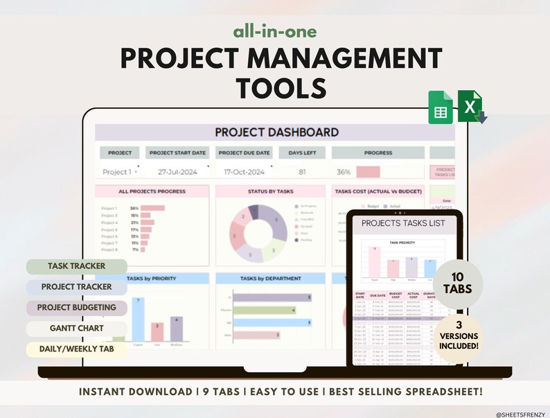 Project Task Book Multi Project Tracker Excel, Project Management Tool, Productivity ...