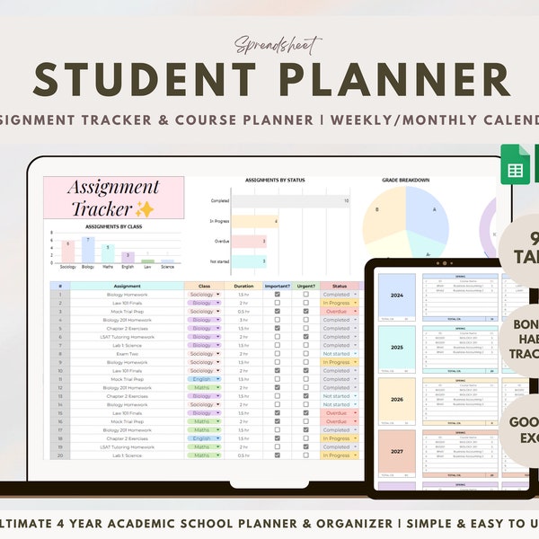 Assignment Tracker Student Homework Planner Google Sheets Excel 2024 Digital To Do List College Task Tracker Academic Timetable Spreadsheet