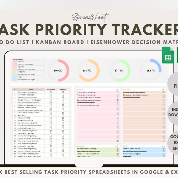 Task Priority Tracker Excel Google Eisenhower Matrix Spreadsheet To Do List Template Kanban Board Daily Weekly Planner Task Manager Calendar