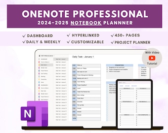 Könnte beinhalten: Ein digitaler Planer für OneNote, betitelt "OneNote Professional 2024-2025 Notebook Planner". Das Bild zeigt einen Laptop und ein Tablet, die tägliche und wöchentliche Aufgabenlisten anzeigen, mit Funktionen wie Dashboard, Hyperlinks und Projektplaner. Enthält ein Video-Tutorial.