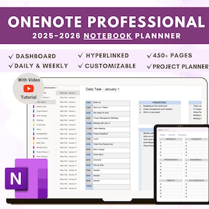 Può includere: Uno screenshot di uno schermo di computer che mostra un planner digitale per l'anno 2025-2026. Il planner è progettato per essere utilizzato con l'app OneNote e include un dashboard, viste giornaliere e settimanali, pagine con collegamenti ipertestuali, opzioni personalizzabili e un planner di progetti. Il testo "ONENOTE PROFESSIONAL 2025-2026 NOTEBOOK PLANNER" è visualizzato nella parte superiore dello schermo.