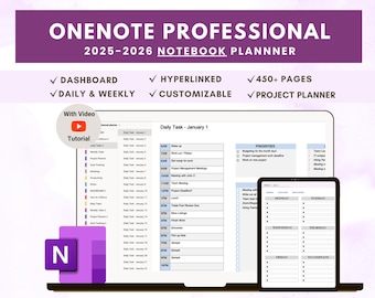 Planificador profesional de OneNote 2025-2026, rastreador de tareas digital con hipervínculos (PDF)