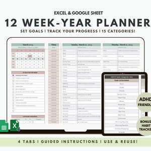 May include: A digital planner for Excel and Google Sheets with a 12-week year planner, set goals, track progress, and 15 categories. The planner is ADHD friendly and includes a bonus habit tracker.