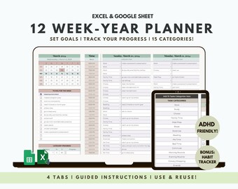 Jaardoelenplanner voor 12 weken Google Excel-spreadsheet, doelentracker, sjabloon voor tijdblokkering, planning van kwartaaldoelen, 90 dagen takenlijst, ADHD