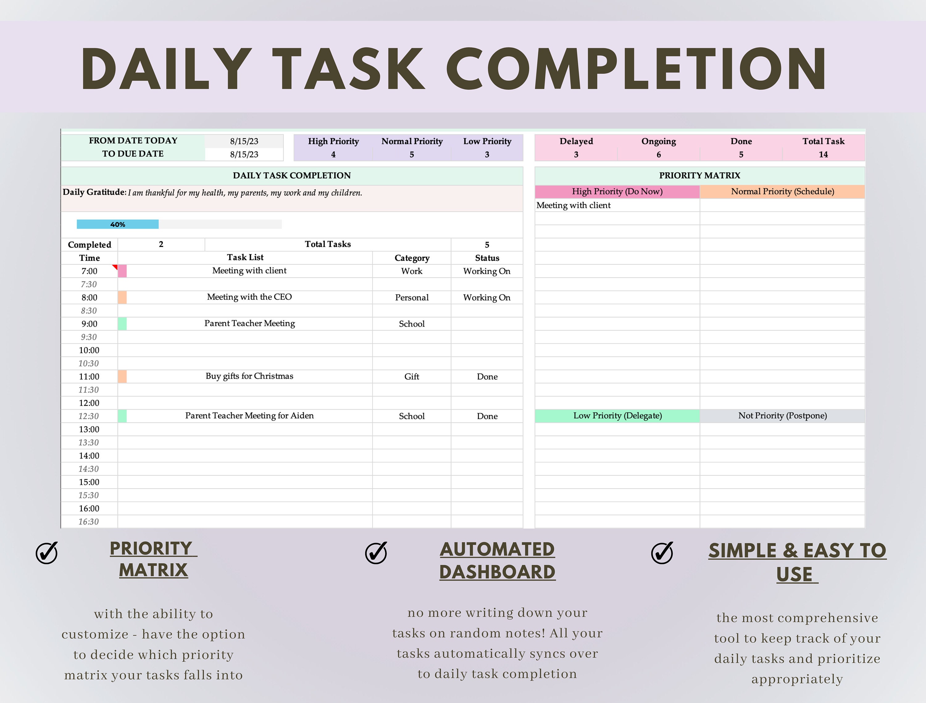 Excel to Do List Task Tracker Google Sheets Digital Daily Etsy