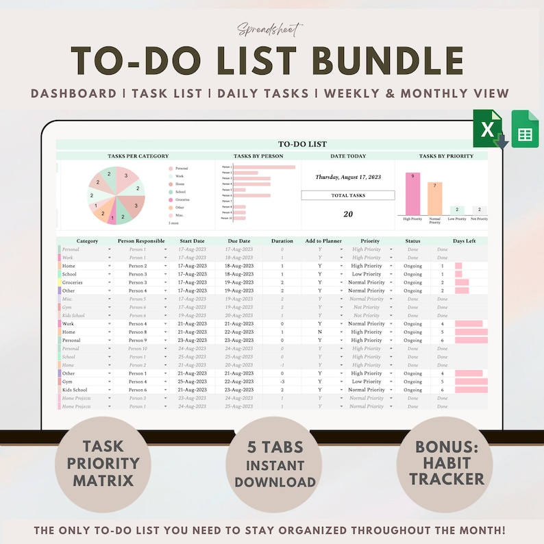 Excel to Do List Spreadsheet Task Tracker Google Sheet Task Manager ...