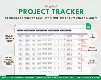 Könnte beinhalten: Ein Screenshot einer Google Sheet-Vorlage für die Projektverfolgung. Das Blatt hat neun Registerkarten, darunter eine Tages-/Wochenansicht, eine Projekt-Aufgabenliste, einen Zeitplan und ein Gantt-Diagramm. Das Blatt ist mit "The Ultimate Project Tracker" beschriftet.