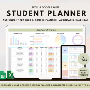 Peut inclure: Un écran d'ordinateur portable affichant une feuille de calcul colorée avec le titre "Student Planner: Assignment Tracker & Course Planner | Automated Calendar". La feuille de calcul comporte 9 onglets, dont un suivi des devoirs, un planificateur de cours et un suivi des habitudes. La feuille de calcul est conçue pour aider les étudiants à organiser leurs travaux scolaires et à suivre leurs progrès.