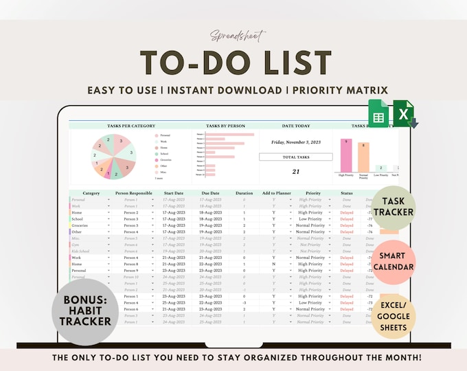 To Do List Excel Spreadsheet Task Tracker Google Sheet Task Planner ...