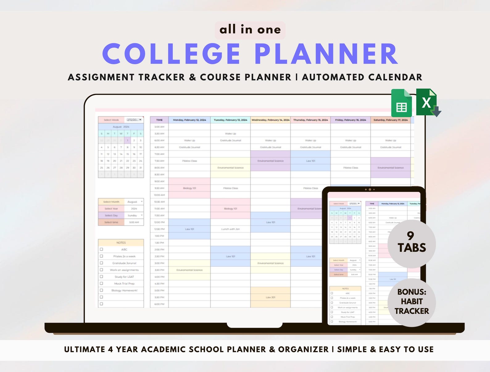 Assignment Tracker Weekly Academic Planner Google Excel Spreadsheet ...