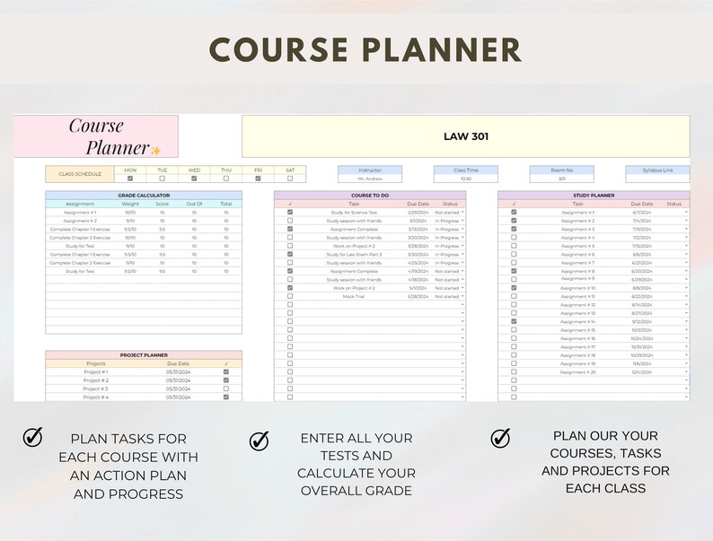 Assignment Tracker Weekly Academic Planner Google Excel Spreadsheet ...