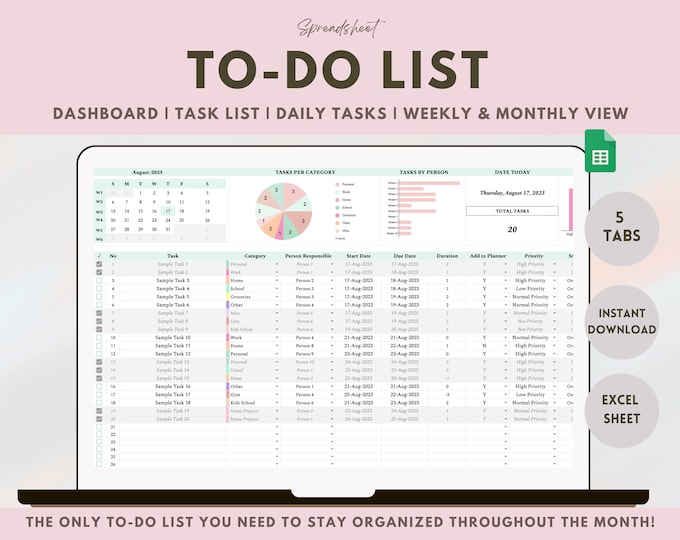 To Do List Excel Spreadsheet Task Tracker Google Sheet Task Planner ...