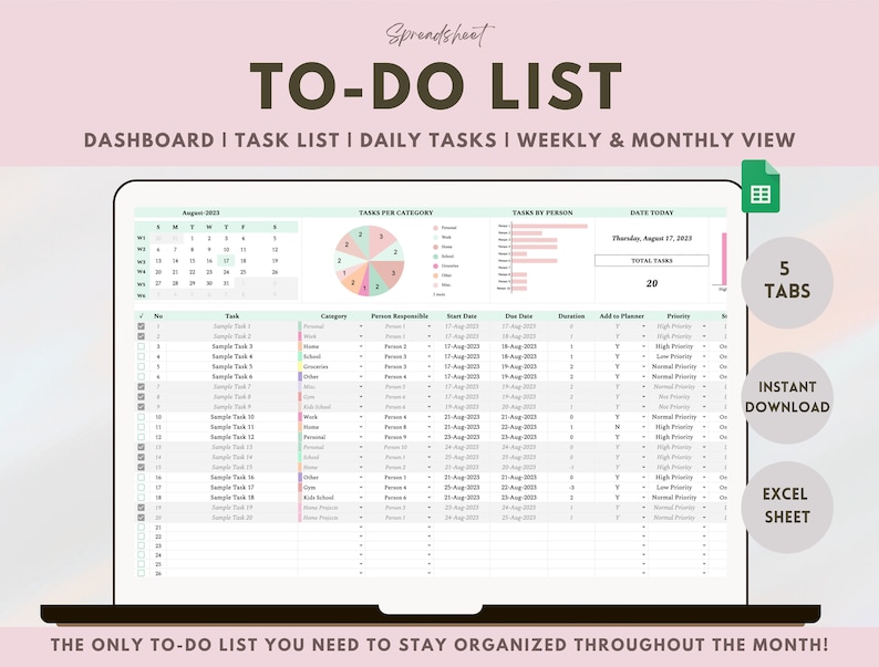 To Do List Excel Spreadsheet Task Tracker Google Sheet Task Planner ...