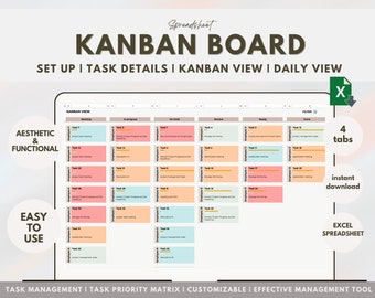 Könnte beinhalten: Eine digitale Kanban-Board-Spreadsheet-Vorlage im Excel-Format. Die Vorlage hat vier Registerkarten: "Kanban-Ansicht", "Tagesansicht", "Aufgabendetails" und "Priorisierungsmatrix für Aufgaben". Die Registerkarte "Kanban-Ansicht" ist im Bild dargestellt. Die Vorlage soll Benutzern helfen, Aufgaben und Projekte zu verwalten. Die Vorlage ist ästhetisch und funktional, einfach zu bedienen und beinhaltet eine Option für den sofortigen Download.