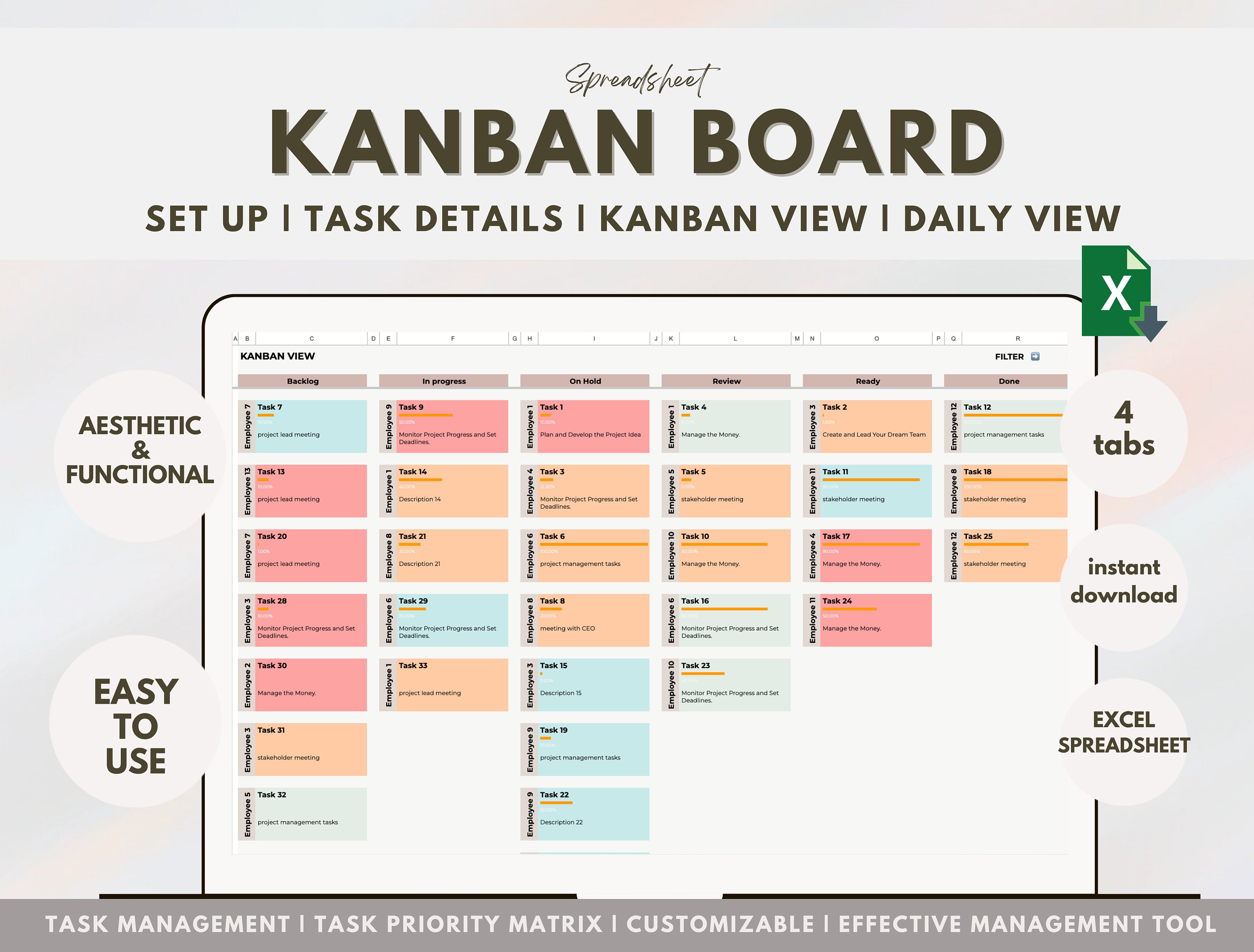 Kanban Board Excel Spreadsheet Task Priority Tracker Employee To Do 