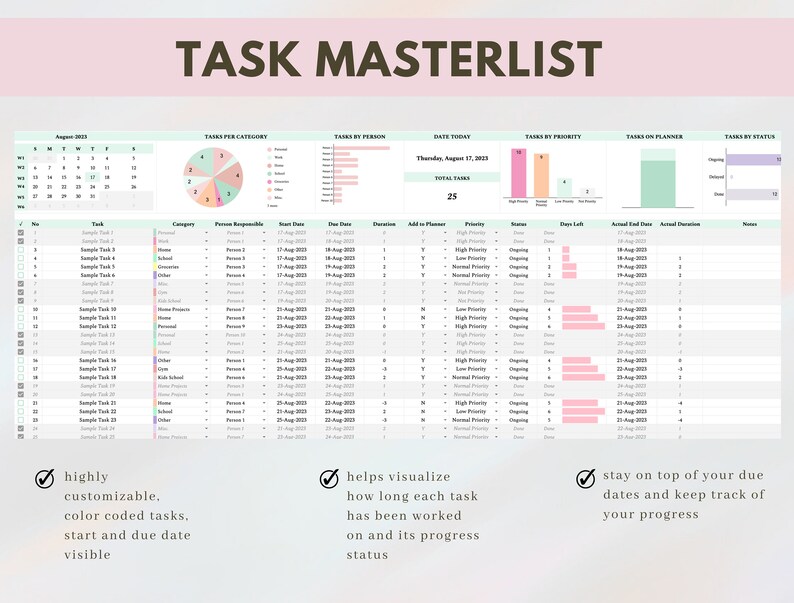 To Do List Excel Spreadsheet Task Tracker Google Sheet Task Planner ...