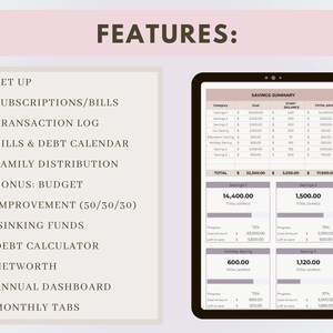 K&ouml;nnte beinhalten: Ein Tablet-Bildschirm, der eine Budgetierungs-App mit Funktionen wie dem Einrichten eines Budgets, der Verfolgung von Abonnements und Rechnungen, der Verwaltung eines Transaktionslogs und der Erstellung eines Schuldenkalenders anzeigt. Die App bietet auch Funktionen f&uuml;r die Familienverteilung, Sparfonds und einen Schuldenrechner.