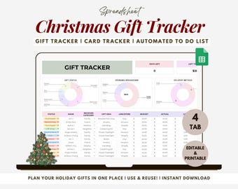 Weihnachtsgeschenk-Tracker Google Excel-Arbeitsblatt, Weihnachtsbudgetplaner zum Ausdrucken, Weihnachtsgeschenkliste, Kartenverfolgung, Weihnachtsgeschenkliste