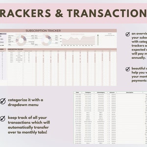 K&ouml;nnte beinhalten: Ein rosa-wei&szlig;es, druckbares Tracker-Blatt zur Verwaltung von Abonnements und Transaktionen. Das Blatt enth&auml;lt Diagramme, Tabellen und ein Dropdown-Men&uuml; zum Kategorisieren von Ausgaben. Der Text "TRACKERS & TRANSACTIONS" befindet sich oben auf dem Blatt.