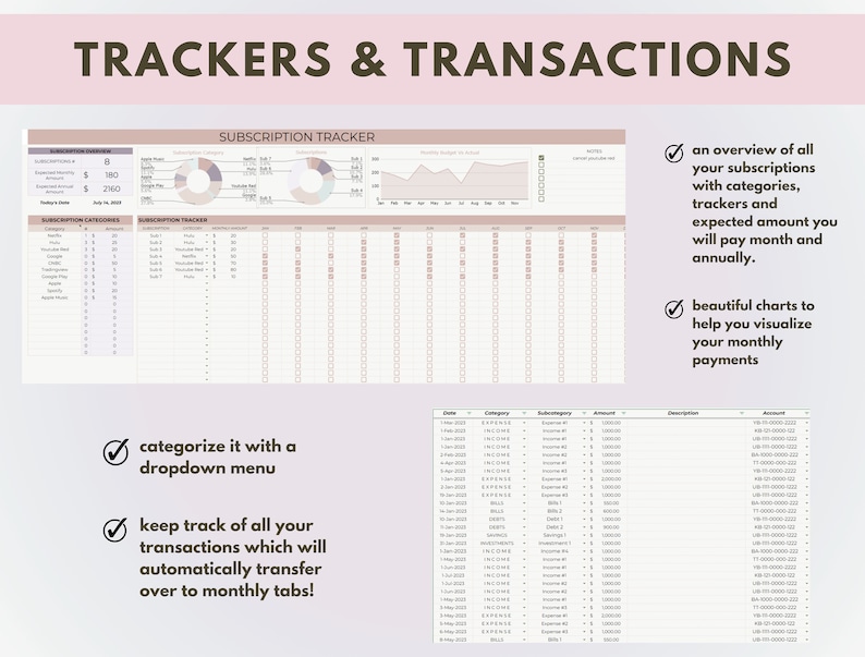 K&ouml;nnte beinhalten: Ein rosa-wei&szlig;es, druckbares Tracker-Blatt zur Verwaltung von Abonnements und Transaktionen. Das Blatt enth&auml;lt Diagramme, Tabellen und ein Dropdown-Men&uuml; zum Kategorisieren von Ausgaben. Der Text "TRACKERS & TRANSACTIONS" befindet sich oben auf dem Blatt.