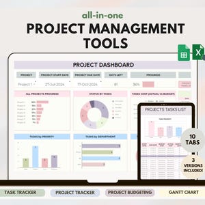 Peut inclure: Un outil de gestion de projet numérique affiché sur un ordinateur portable et une tablette. L'écran affiche un tableau de bord de projet avec des graphiques et des données. Le texte indique "all-in-one PROJECT MANAGEMENT TOOLS". Comprend 10 onglets et 3 versions.